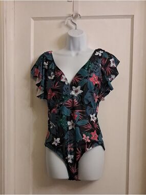 Binlowis V Neck Ruffle Ladies Floral Print Bathing Suit  NWT  Size L